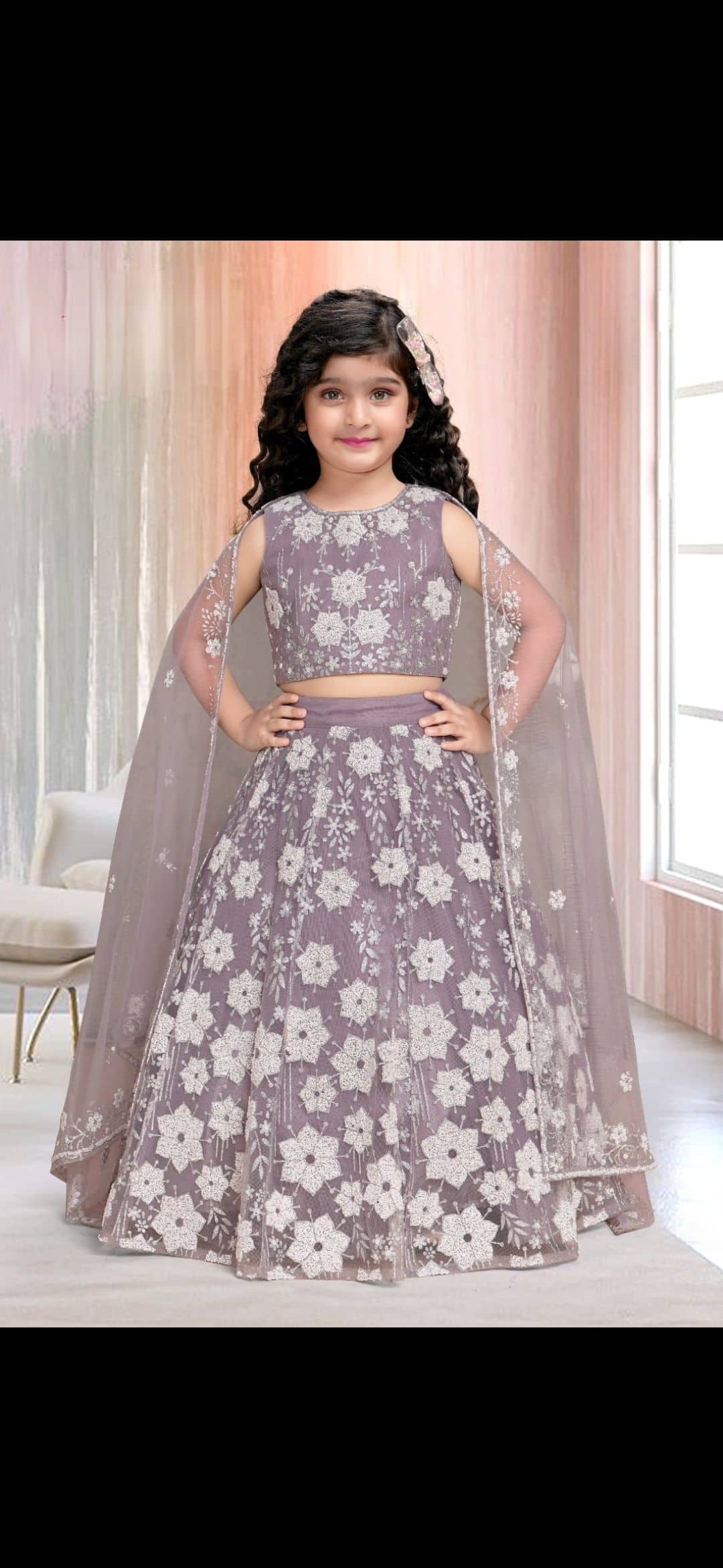 Girls Silver Grey Floral Cape Lehenga — Girls Ethnic Wear at Nouman Kids Wear, Adilabad