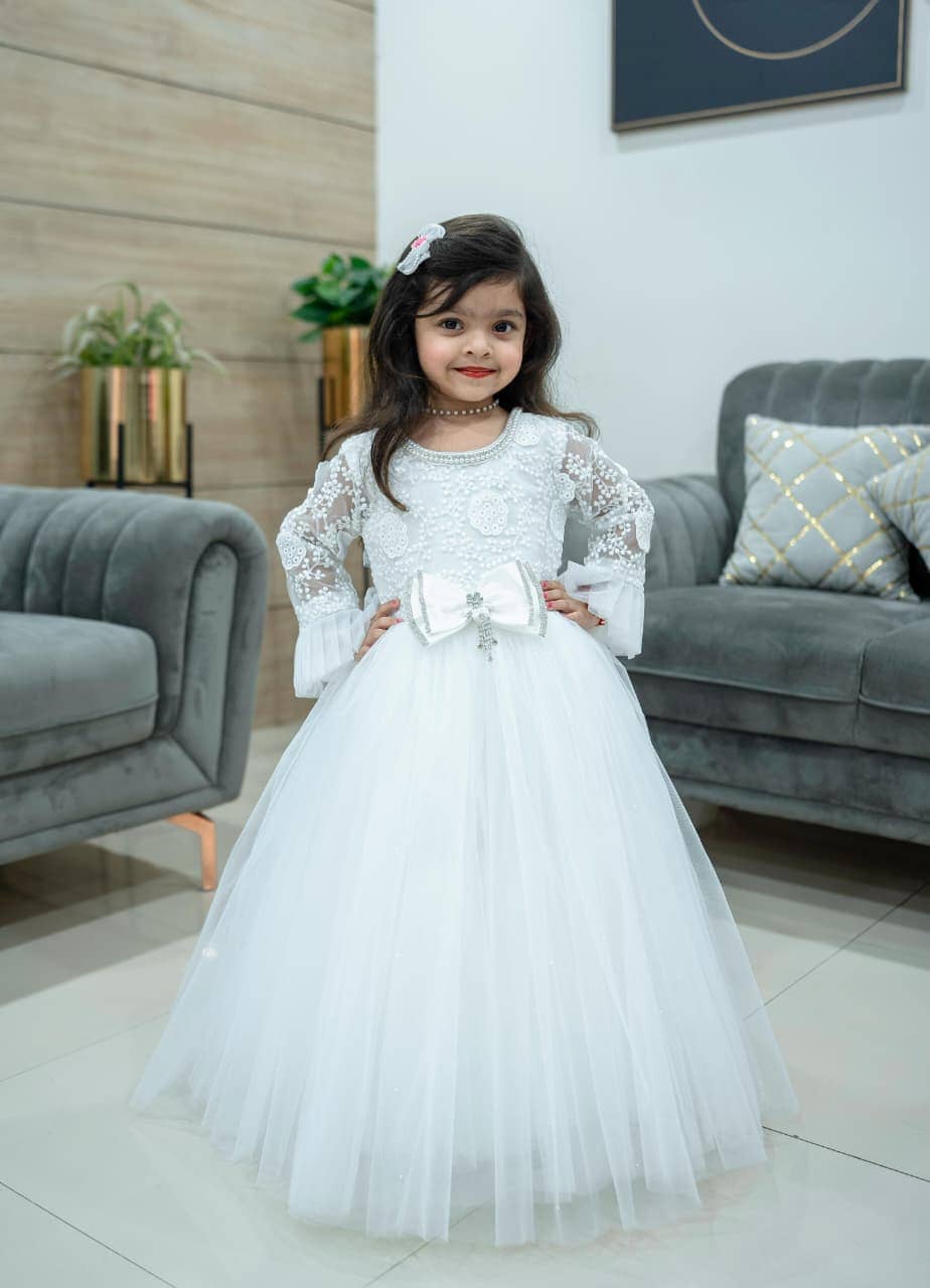 Girls White Party Gown — Girls Party Wear at Nouman Kids Wear, Adilabad