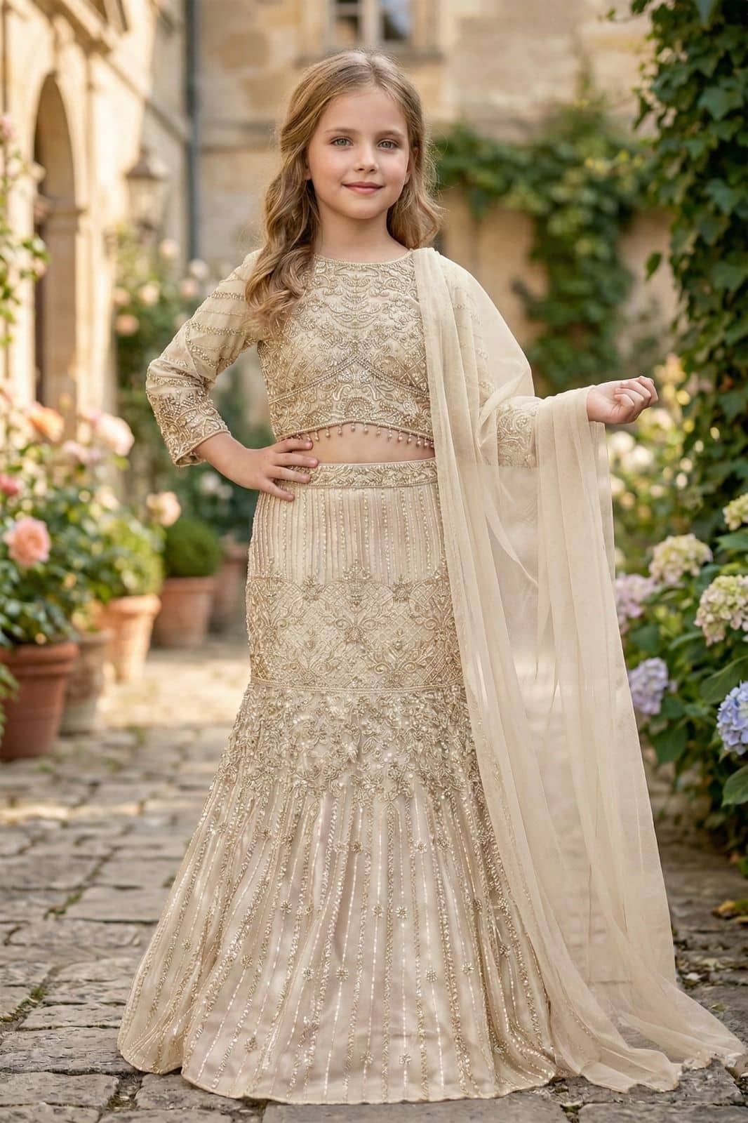Girls Beige Gold Lehenga Choli — Girls Ethnic Wear at Nouman Kids Wear, Adilabad